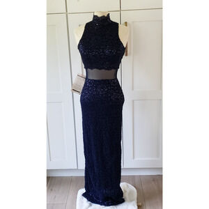 VTG Blue Maxi Dress Womens 3 Gantos Blondie Lace Mock Neck Sexy Gown Made in USA